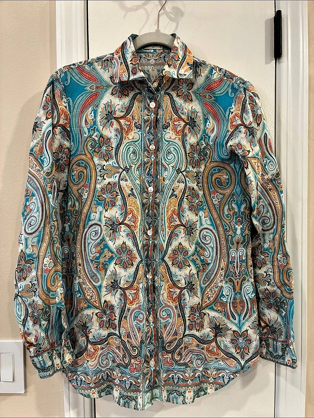 Etro Paisley Print Ramie Blouse Blue & Orange Size 38 Like New